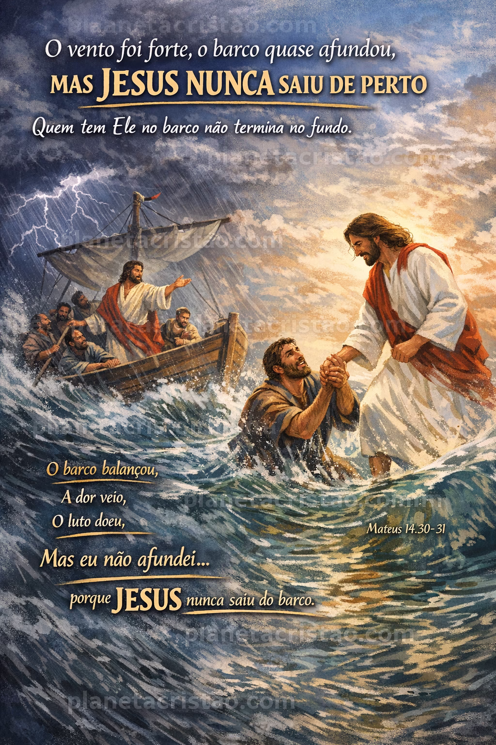 O vento foi forte, o barco quase afundou, mas Jesus nunca saiu de perto. Quem tem Ele no barco não termina no fundo.”